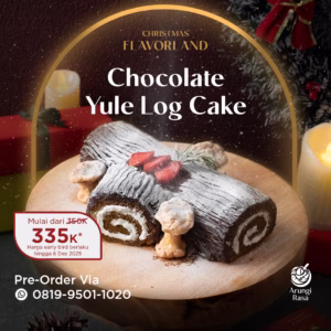 Chocolate Yule Log Cake Arungi Rasa – kue gulung cokelat khas Natal dengan dekorasi festive