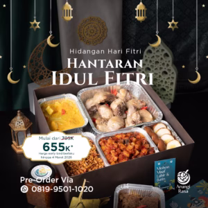 Hantaran Idul Fitri berisikan ayam opor, rendang sapi, telur pindang, sambal goreng kentang ati, sayur tahu labu siam, ketupat pulen, tempe orek kering dan sambal bawang. Paket lengkap untuk berbuka